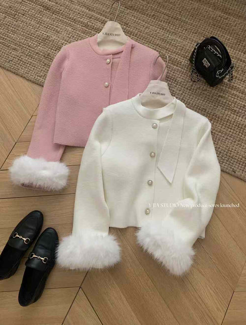 Korean Stylish Faux Fur Sleeves Cardigan With Flare Skirts Co-Ord Sets